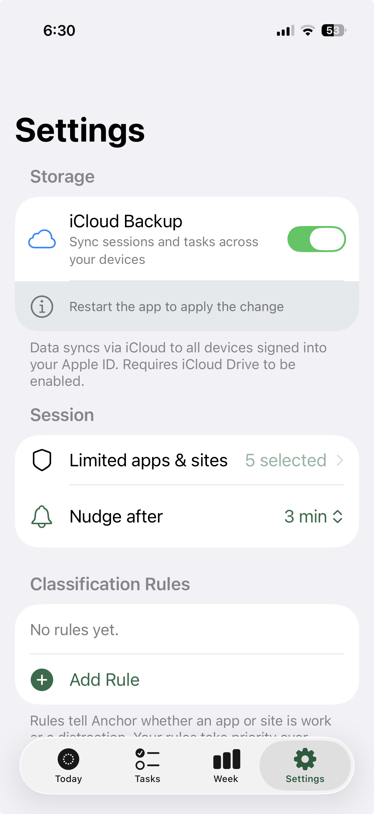 Settings with iCloud backup and classification rules