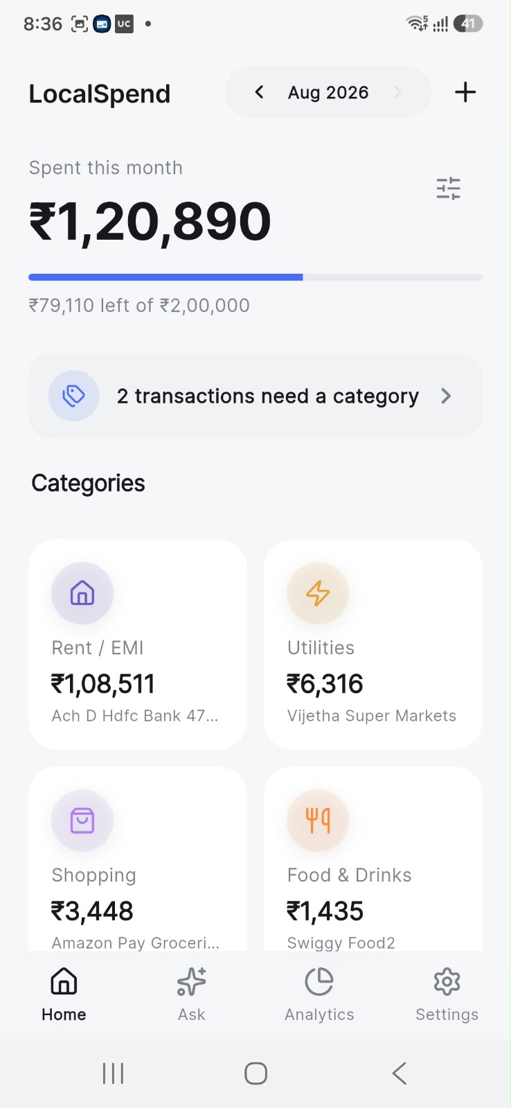 Home with monthly budget progress and category cards
