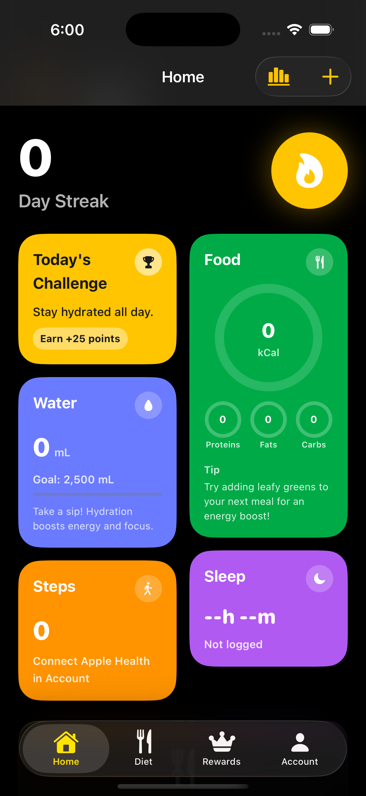 Home dashboard with daily missions and streak