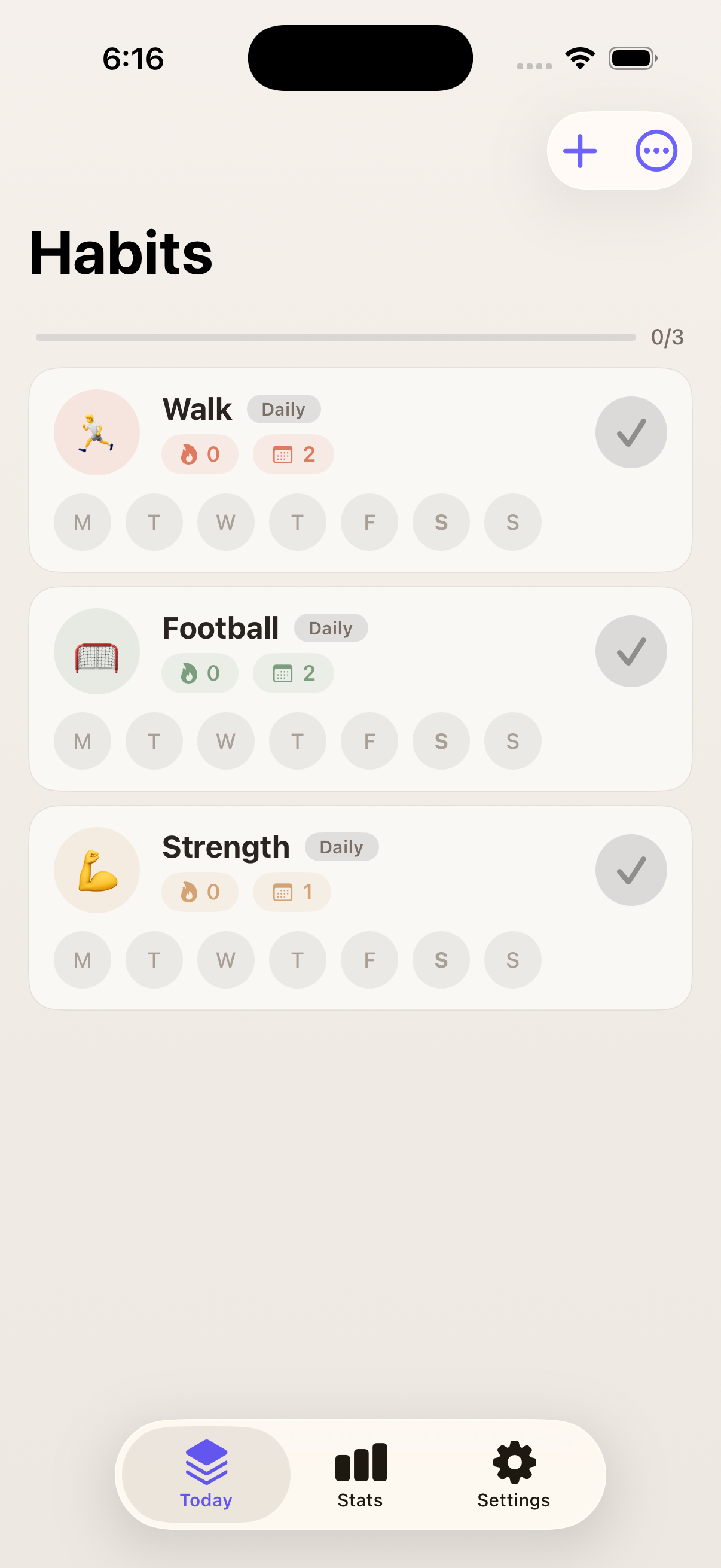 Today view with one-tap habit logging